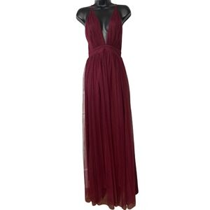 Luxxel Burgundy Tulle Deep V-Neck Maxi Dress Formal Evening Gown Wine Red Size S